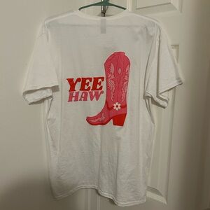 White Tee with Pink Boot Design